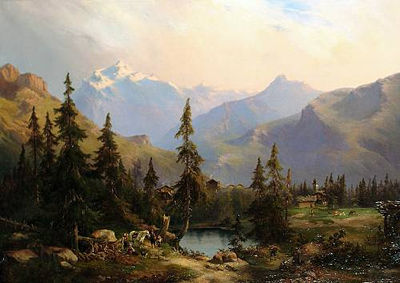 An extensive alpine country landscape with figures resting by a lake