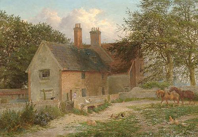 Farmyard scene with workhorses and chickens