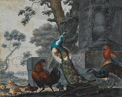 A peacock and a peahen with a parrot and a cockerel in a park landscape by Jabez Heenck - Auction record, sale price, and art valuation. Compare with similar artists and explore comparable artworks.