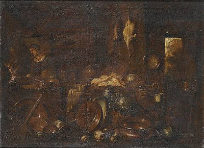 A kitchen interior with a young woman at a stove and surrounded by pots and vegetables