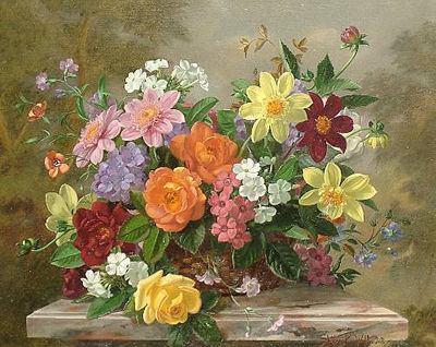 Still life of flowers in a basket on a marble pedestal