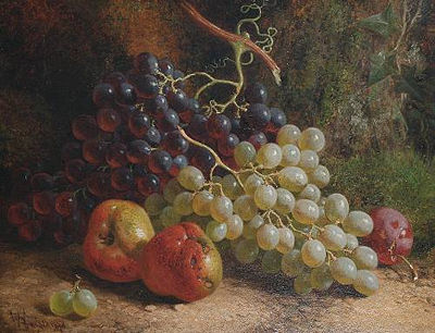 Still life of grapes, apples and plums