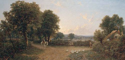 Two figures and a flock of ducks before a country cottage; and An angler by a river with cattle grazing in the distance