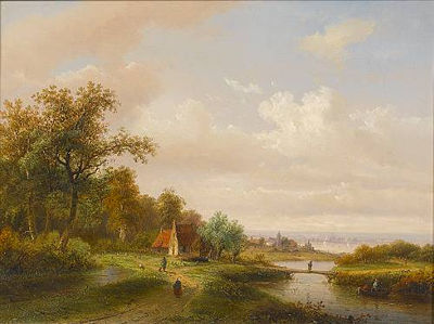 A river landscape with a village in the distance