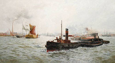 Thames scene with barges in the foreground
