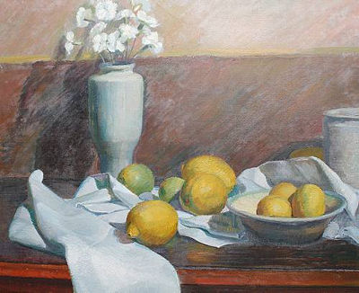 Still life with lemons and vase of white carnations