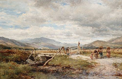 Figures on a track with mountains in the distance