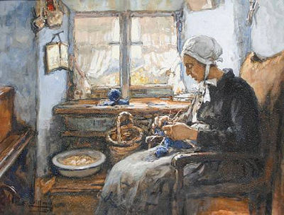 A woman knitting in an interior
