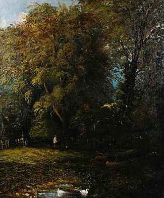A figure by a stream in a woodland