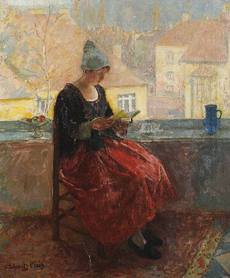 A young woman reading on a balcony