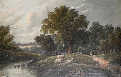 A shepherd resting on a riverbank; A cottage in a river landscape, a pair