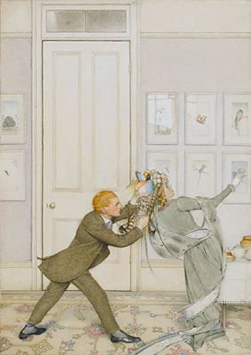A young man making a frenzied attack upon the head dress of a woman