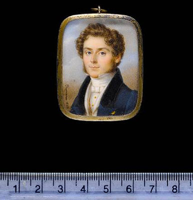 A Gentleman, wearing blue coat with black collar and brass buttons over white waistcoat and chemise with gold studs and chain, high collar and tied stock by Jean Baptiste Desire Troivaux - Auction record, sale price, and art valuation. Compare with similar artists and explore comparable artworks.
