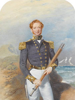 A Naval Officer, wearing blue coat with gold buttons, embroidered cuffs and epaulettes over white chemise and black stock, white breeches, his belt striped black and gold with an anchor embossed on the gold buckle, holding a metal-mounted wooden telescope