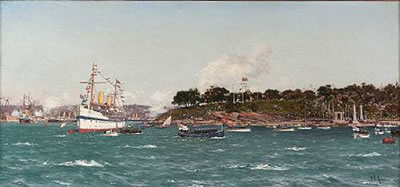 The chartered Royal Yacht "Ophir" disembarking Their Royal Highnesses The Duke and Duchess of York in Sydney Harbour by Edoardo Federico Martino - Auction record, sale price, and art valuation. Compare with similar artists and explore comparable artworks.