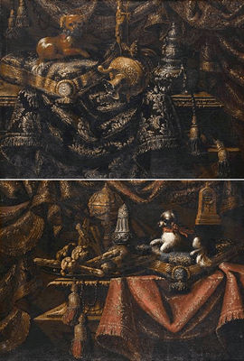 A dog resting on a cushion with a silver gilt ewer on a draped table-top, before a brocade curtain; and A dog resting on a cushion with a platter of sweetmeats on a draped stone ledge, before a brocade curtain