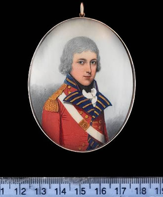 Thomas Pepper of the Royal Meath Militia, wearing a white sword belt with gold plate embossed with the number 17;oval