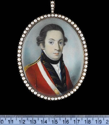 An Officer, wearing scarlet coatee with gold figured blue facings; oval