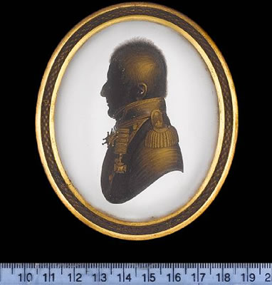 A silhouette of Lord FitzRoy Somerset (1788-1855), the badge of the Order of the Bath about his neck and the Army Gold Cross with five clasps (Peninsular War) pinned to his lapel; oval