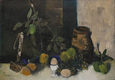 Still life with fruit, eggs and a vase