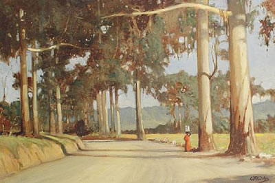 Figure on a tree-lined road