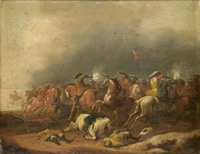A cavalry skirmish on a country path