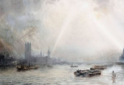 "The searchlights find a Zeppelin"