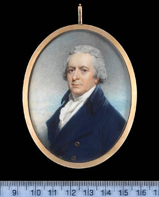 A Gentleman, wearing blue coat with brass buttons, white waistcoat and frilled chemise, his hair powdered