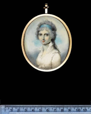 Lady Clinton, wearing white dress with high collar, black ribbon choker and blue bandeau in her powdered hair