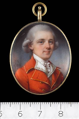 A Gentleman, wearing scarlet coat trimmed with gold braid, white waistcoat with embroidered floral border, frilled white chemise, tied stock and powdered wig worn en queue.