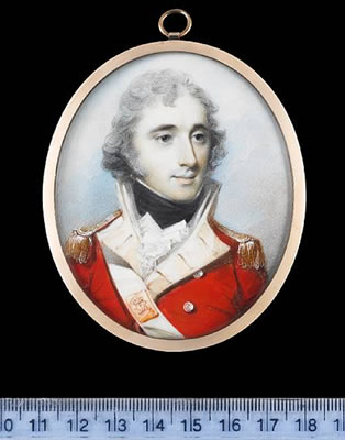 Lieutenant Colonel Thomas Grey (1770/1-1797), wearing the uniform of the 12th Regiment of Foot, scarlet coatee with buff coloured facings, gold epaulettes, white cross belt, the belt plate with Royal Insignia GR, white waistcoat, frilled white chemise and