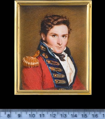 A Staff Officer, seated on a blue upholstered chair wearing red coatee with blue facings, gold button holes, gold epaulette, white waistcoat, chemise, black cravat