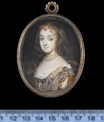 Anne Hyde, Duchess of York (1637-1671), wearing ochre dress with slashed sleeve over white smock, mole-coloured mantle pinned at her left shoulder with jewelled clasp, pendent pearls from a jewelled brooch at her corsage and pearl necklace, her brown hair