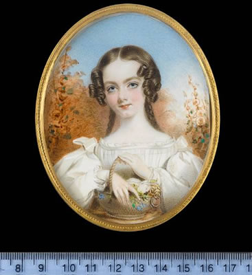 Eleanor Ann Ram, later Mrs Archibald Campbell (d.1879), wearing white dress with pleated bodice and puff sleeves, ribbon bows at her shoulders. her hair worn in ringlets and plaits, she holds a basket of flowers