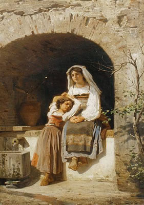 Two young girls fetching water