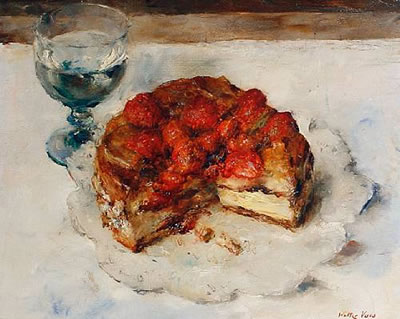 Still life study of gateaux and a glass of water