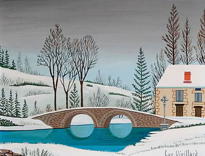 'Pont Romain sous la neige'; 'Lever de lune sur le canal' (pair)