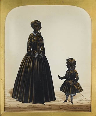 A silhouette of a Mother and Child, full-length: the mother, profile to the right, wearing full-length dress, chemise with lace collar, her bonnet tied at her neck with long ribbon, her child, profile to the left, wearing boots, stockings, pantaloons, ful