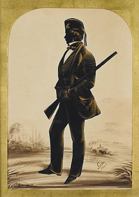A silhouette of a Scottish Gentleman, full-length, profile to the left, wearing shooting jacket, waistcoat, trousers and Glengarry hat, holding a shotgun by Henry Albert Frith - Auction record, sale price, and art valuation. Compare with similar artists and explore comparable artworks.