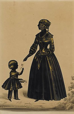 A pair of silhouettes of Alexander Stewart McColl and his wife with their niece, all full-length: he, profile to the right, wearing boots, trousers, single-breasted coat, gloves, cravat, stock, top-hat, his left glove in his right hand; his wife, profile