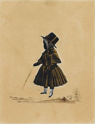 A silhouette of a Child, full-length, profile to the left, wearing slippers, stockings, dress, gloves, capelet, a bonnet beneath her hat tied at her neck, she holds a parasol. (3)