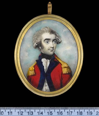 An Officer, wearing scarlet coatee with blue facings and gold epaulettes over white waistcoat, frilled white chemise and black stock, his hair curled and powdered.