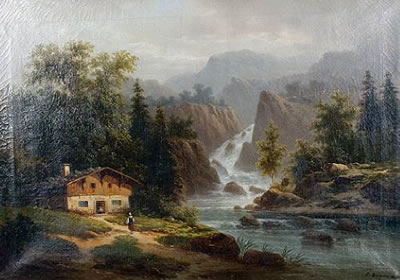 View of an Alpine chalet, a waterfall beyond by Colestin Brugner - Auction record, sale price, and art valuation. Compare with similar artists and explore comparable artworks.