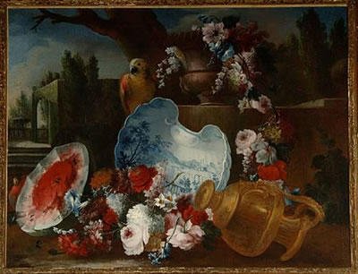 Roses, convolvulus, snowballs and other flowers in an urn with a parrot, a park landscape in the distance; and An urn filled with convolvulus, roses and other flowers on a stone ledge with an upturned blue and white basin, a watermelon and a parrot, a lan