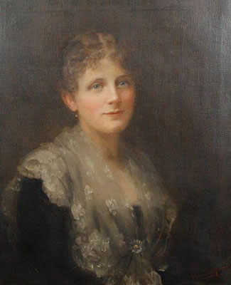 Portrait of a young woman in a black dress and lace shawl by Frederick Howard Michael - Auction record, sale price, and art valuation. Compare with similar artists and explore comparable artworks.
