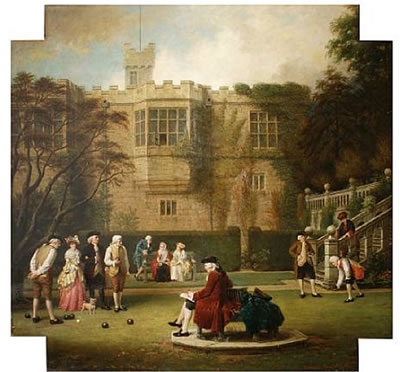 Figures playing bowls on the lawn of Haddon Hall
