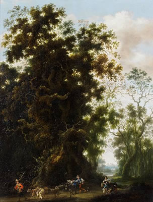 A wooded landscape with a shepherd and his flock on a country path