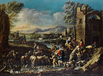 A cowherd and shepherds resting their livestock in an upland landscape; and Shepherds watering their livestock in a stream beside a ruin (a pair)