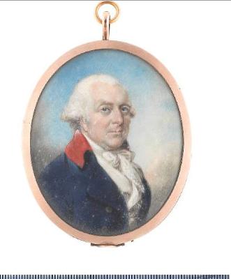 John Jervis, 1st Earl of St Vincent (1735-1823), wearing blue coat with red collar, white waistcoat, stock and tie.