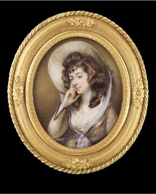 Horace Hone, ARA (Irish, circa 1756-1825) Sarah Siddons (1755-1831), wearing light brown dress with darker trimming at the cuff, dark brown sash, white fichu, wide brimmed hat with lavender ribbon tied in a knot just below her fichu, she props her face up